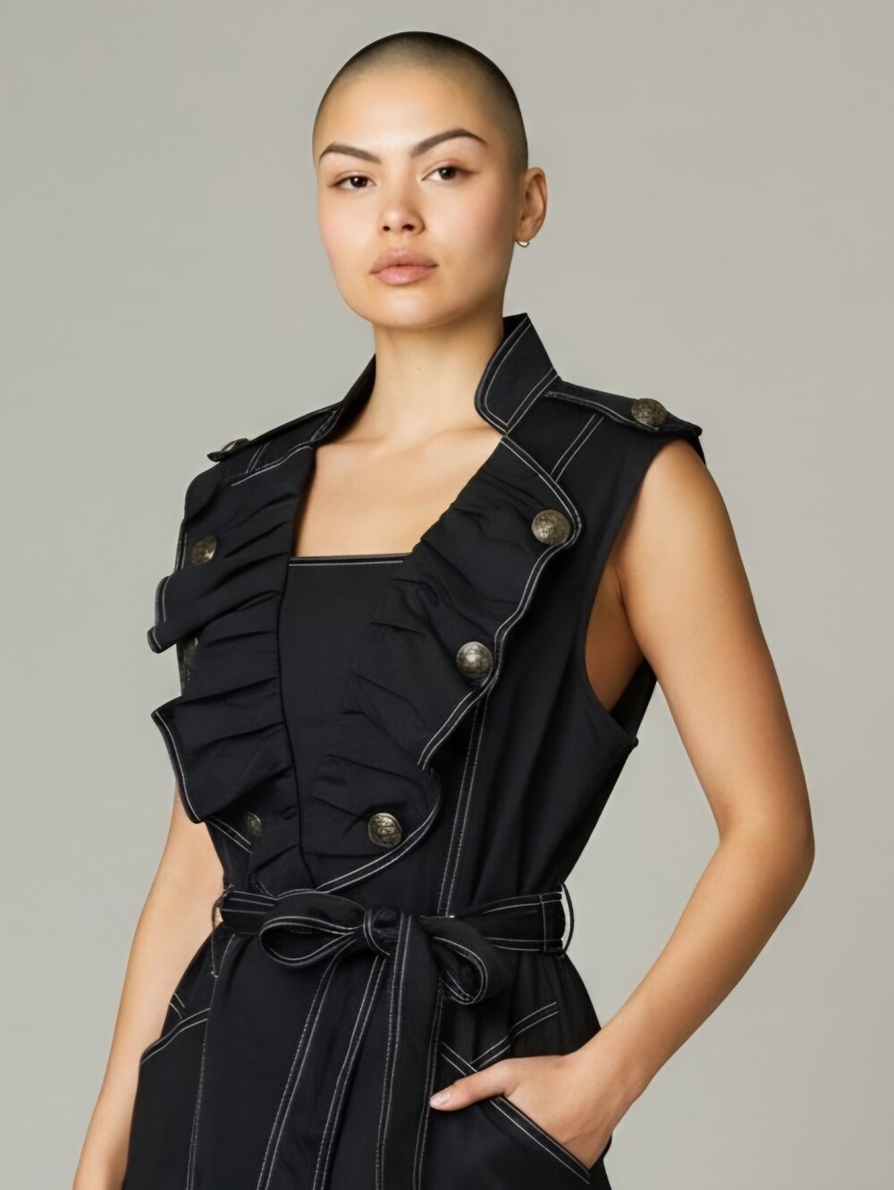Nexx Black Sleeveless Ruffle-Front Belted Sheath Dress